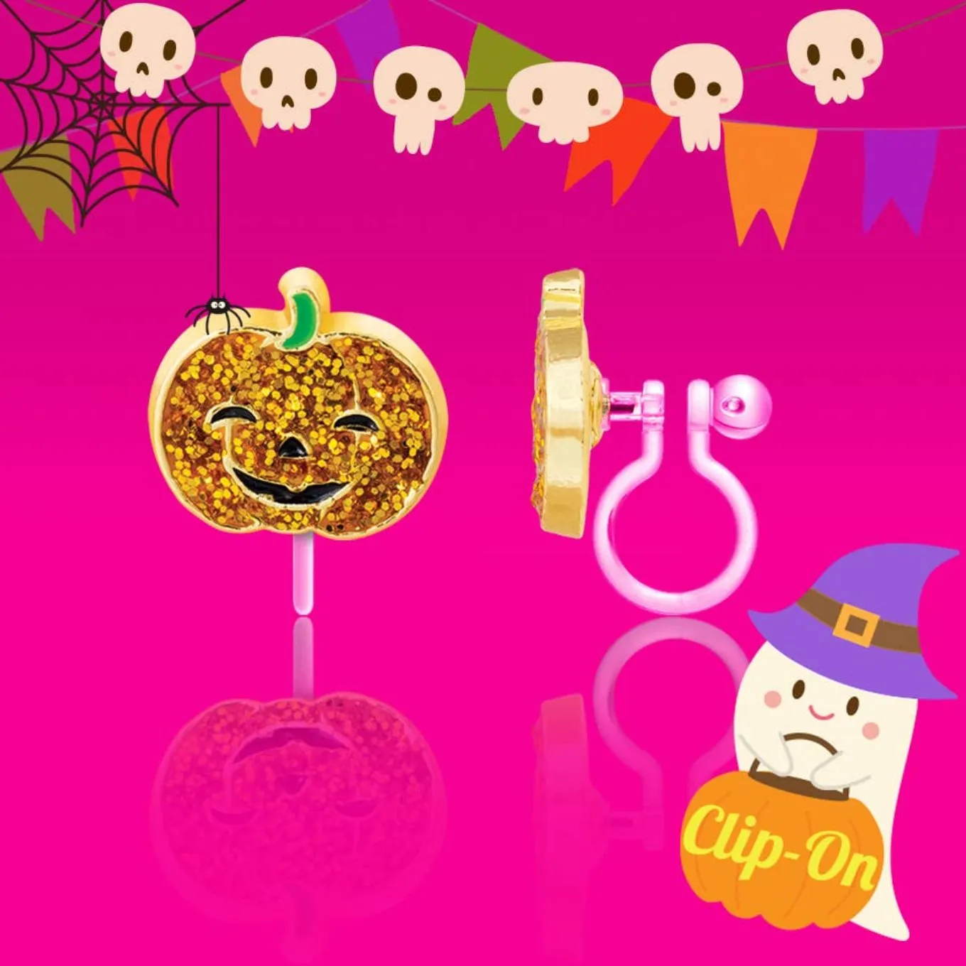 Girl Nation Halloween Glitter Pumpkin Kids Clip On Earrings