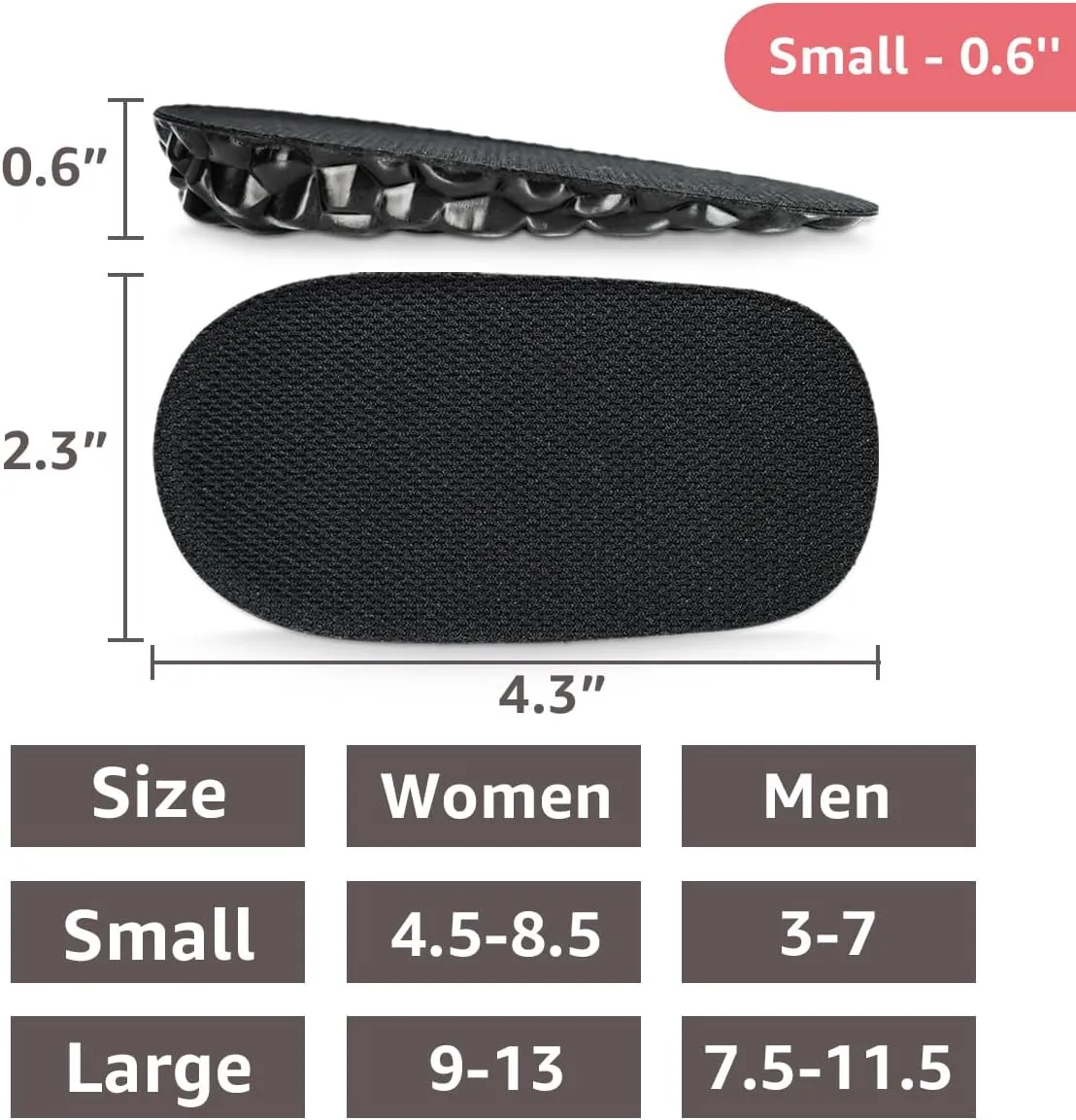 Height Increase Insoles, 0.6'' Taller Cushion, Heel Lift Shoes Inserts, Leg Length Discrepancy for Men and Women (Small - 0.6'' Height)