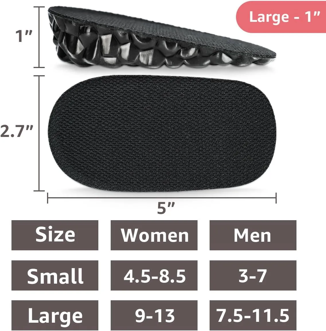 Height Increase Insoles, 1'' Taller Cushion, Heel Lift Shoes Inserts, Leg Length Discrepancy for Men and Women (Large - 1'' Height)