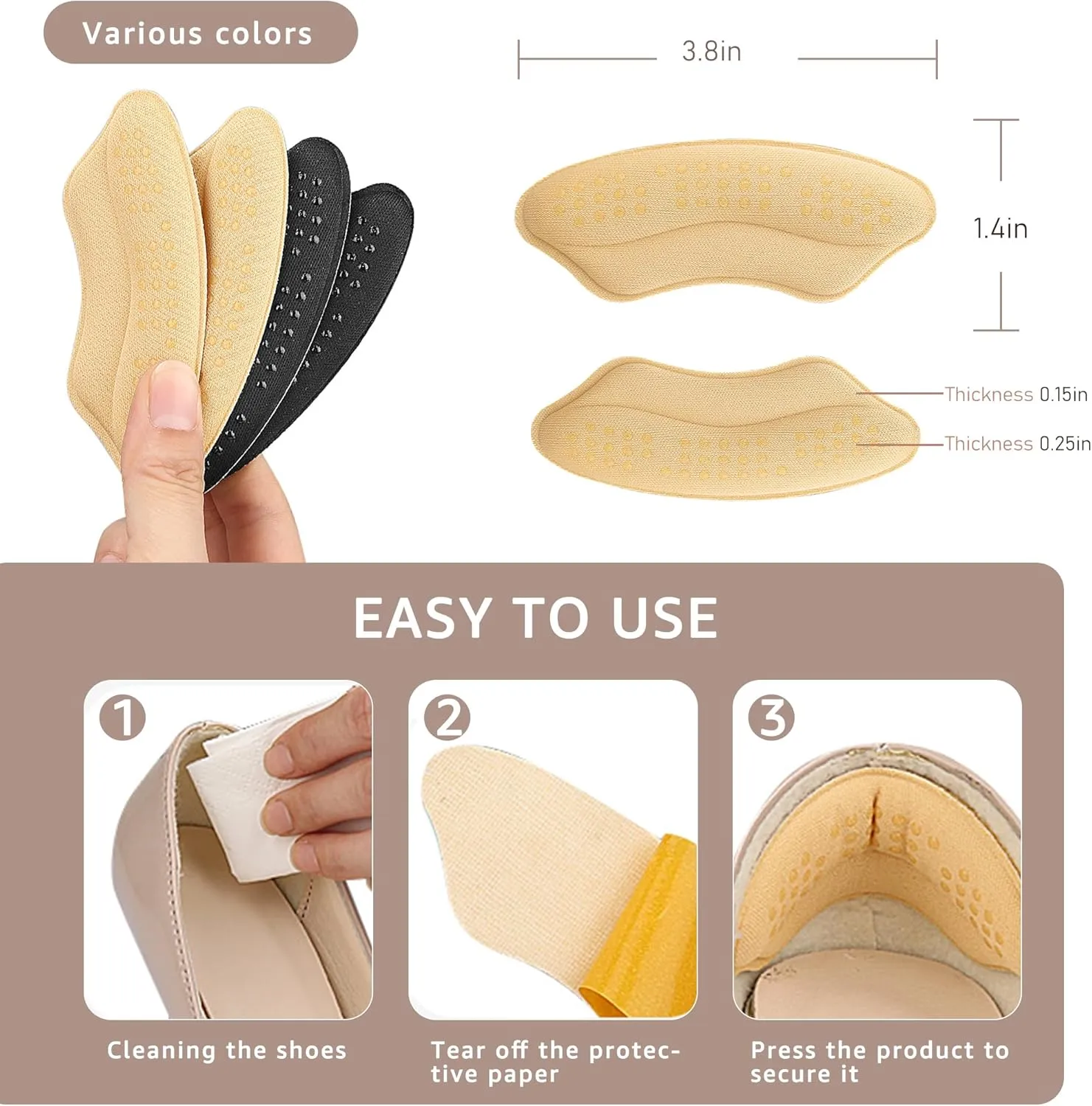 HiRui 4 Pairs Heel Cushion Pads - Heel Grips Liners & Inserts for Shoes Fit, Prevent Slipping, Rubbing, Blisters, and Heel Pain, Perfect for High Heels and Mens Shoes (4Pairs:2Black, 2Beige)