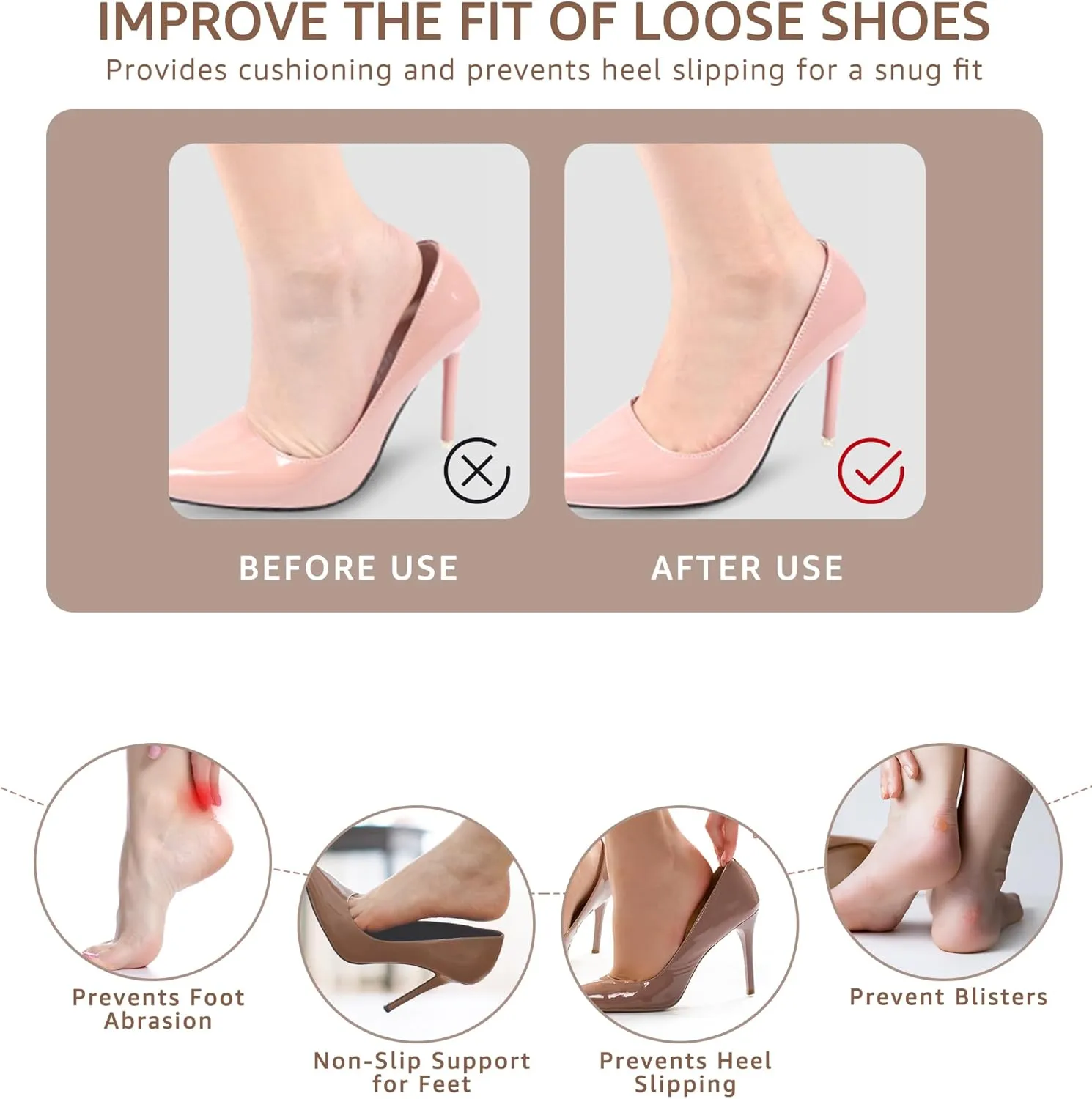 HiRui 4 Pairs Heel Cushion Pads - Heel Grips Liners & Inserts for Shoes Fit, Prevent Slipping, Rubbing, Blisters, and Heel Pain, Perfect for High Heels and Mens Shoes (4Pairs:2Black, 2Beige)