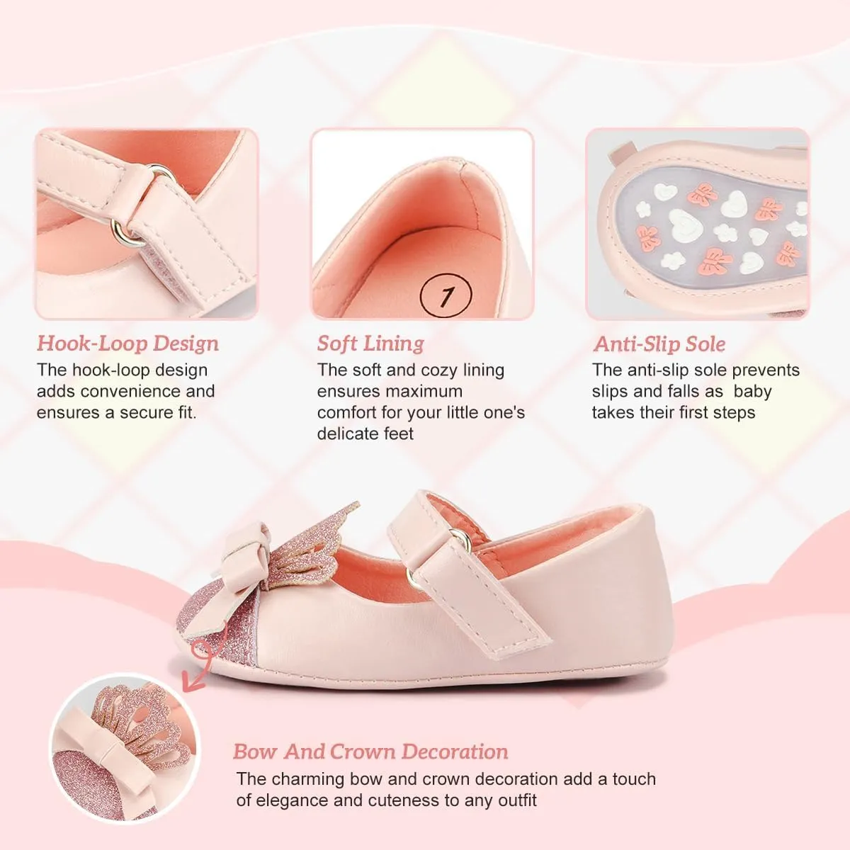 KIDSUN Infant Baby Girls Mary Jane Shoes Non-Slip Rubber Sole Ballet Slippers Princess Dress Wedding Shoes Newborn Crib Shoes First Walkers Shoes