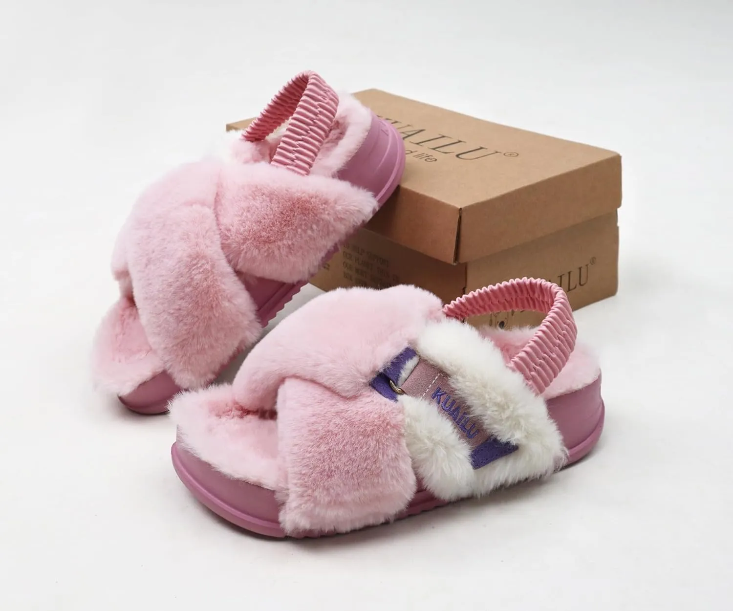 KuaiLu Womens Fuzzy Criss Cross Band Platform Slippers Arch Support Furry Faux Fur Ladies Open Toe Cozy Soft Plush Fleece Comfy House Shoes Sandals