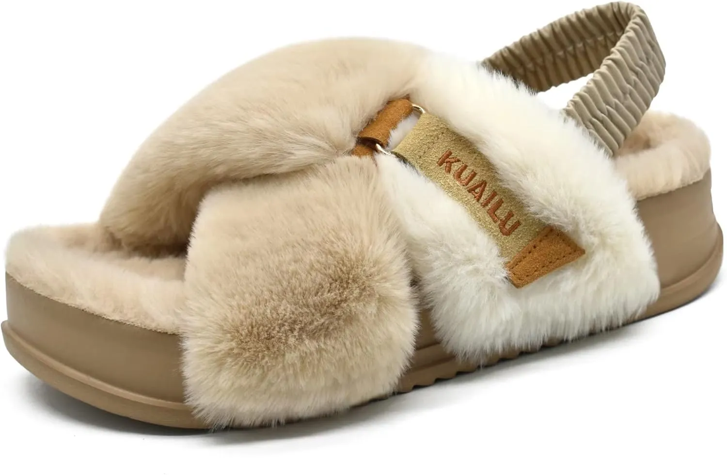 KuaiLu Womens Fuzzy Criss Cross Band Platform Slippers Arch Support Furry Faux Fur Ladies Open Toe Cozy Soft Plush Fleece Comfy House Shoes Sandals