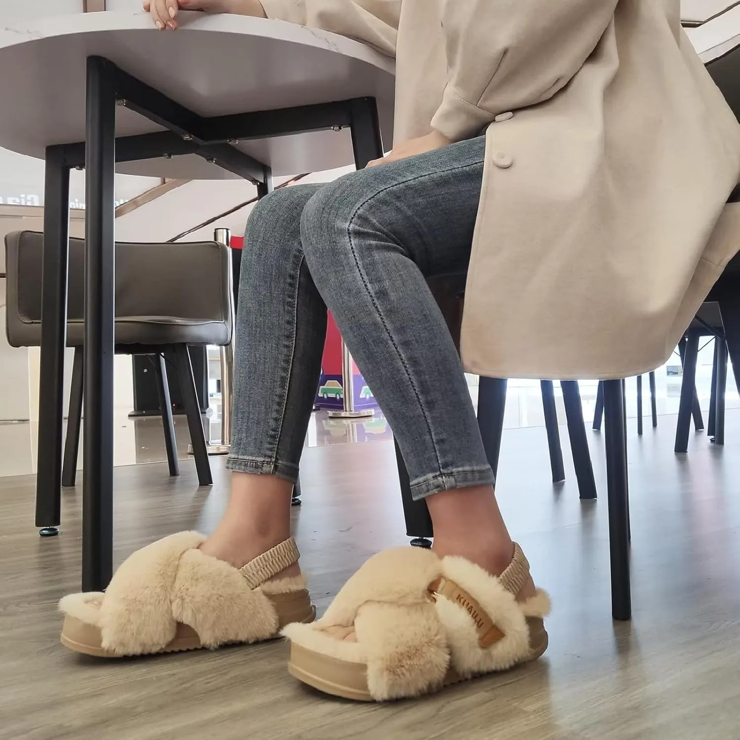 KuaiLu Womens Fuzzy Criss Cross Band Platform Slippers Arch Support Furry Faux Fur Ladies Open Toe Cozy Soft Plush Fleece Comfy House Shoes Sandals
