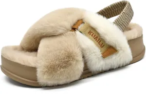 KuaiLu Womens Fuzzy Criss Cross Band Platform Slippers Arch Support Furry Faux Fur Ladies Open Toe Cozy Soft Plush Fleece Comfy House Shoes Sandals