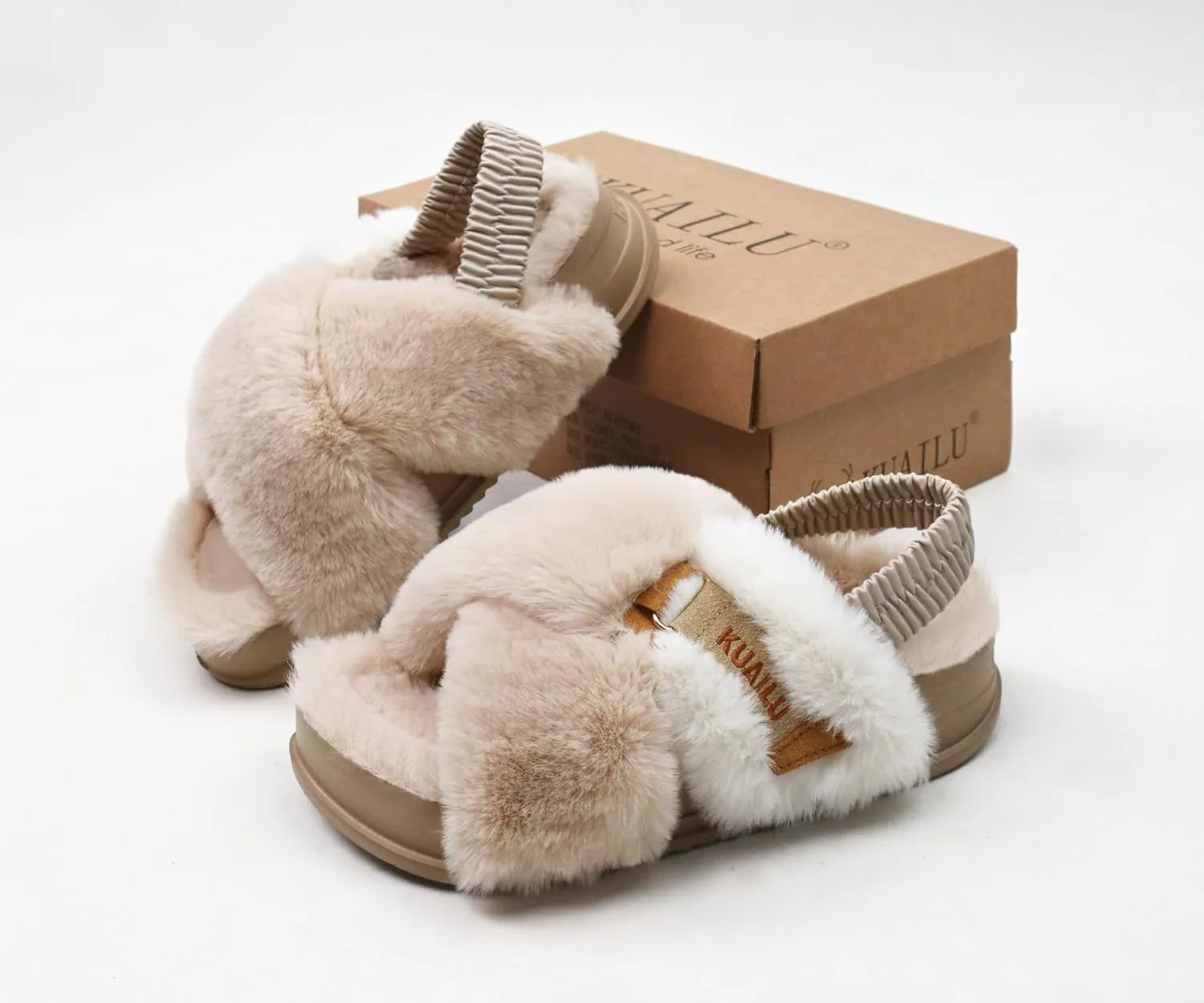 KuaiLu Womens Fuzzy Criss Cross Band Platform Slippers Arch Support Furry Faux Fur Ladies Open Toe Cozy Soft Plush Fleece Comfy House Shoes Sandals