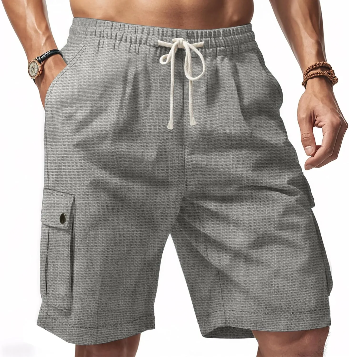 Linen Cargo Pants for Men 2025 Summer Casual Drawstring Elastic Waist Shorts Loose Fit Bermuda Shorts