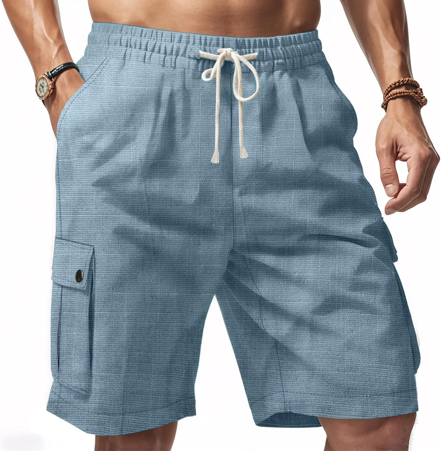 Linen Cargo Pants for Men 2025 Summer Casual Drawstring Elastic Waist Shorts Loose Fit Bermuda Shorts