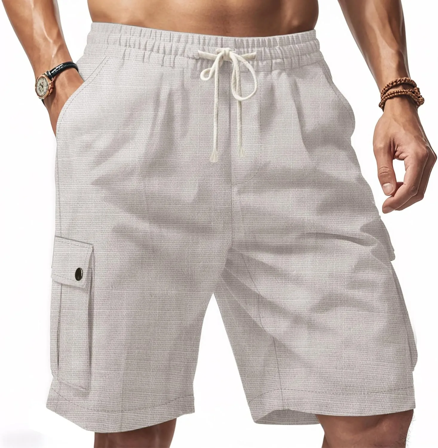 Linen Cargo Pants for Men 2025 Summer Casual Drawstring Elastic Waist Shorts Loose Fit Bermuda Shorts
