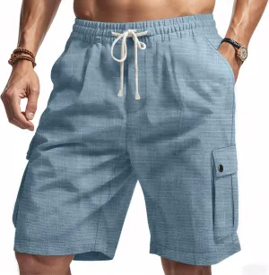 Linen Cargo Pants for Men 2025 Summer Casual Drawstring Elastic Waist Shorts Loose Fit Bermuda Shorts