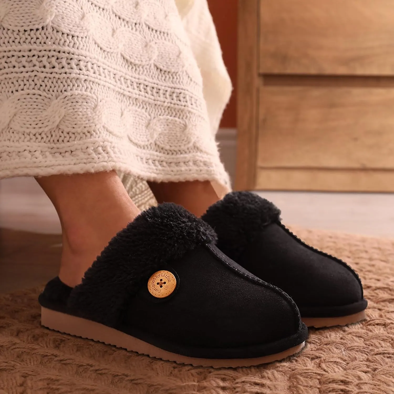 Litfun Fuzzy Slippers for Women with Memory Foam Winter Fluffy House Shoes Indoor Outdoor