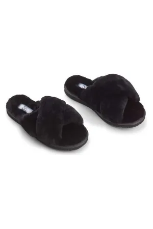 Natures Collection Criss Cross Sheepskin Slippers NCF1049 | Black