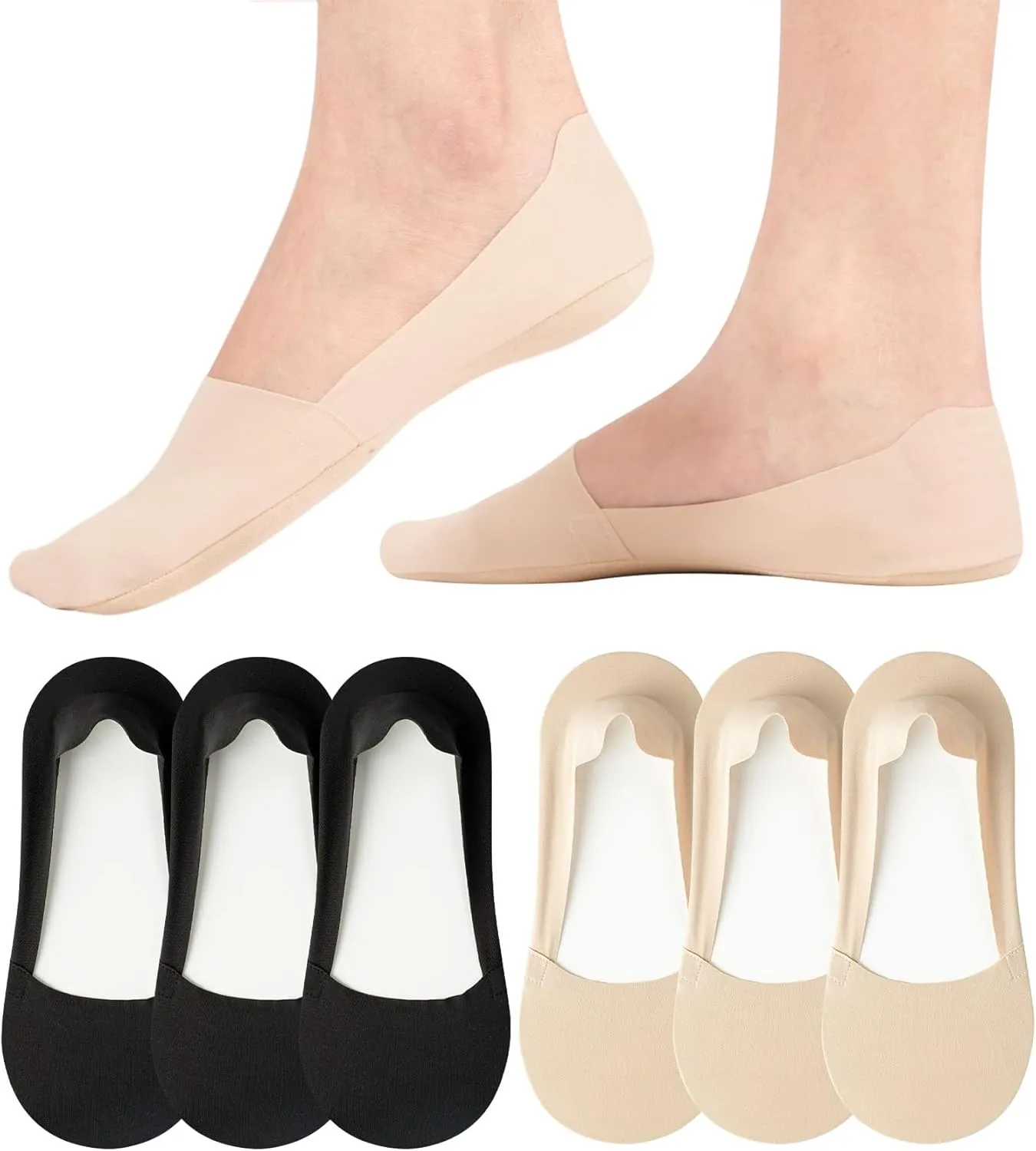 No Show Socks Womens Nylon Non Slip Low Cut Invisible Liner Footies Thin Silk Socks for Flats Loafers Lightweight 6 Pairs