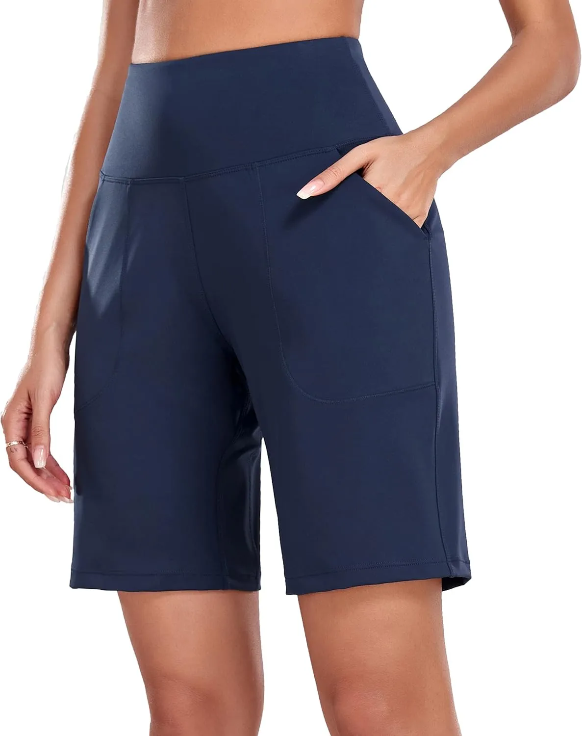 Oalka Women's High Waisted Shorts Yoga Workout Bermuda Long Hiking Shorts with Pockets