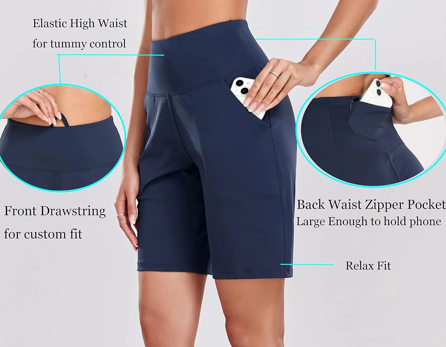 Oalka Women's High Waisted Shorts Yoga Workout Bermuda Long Hiking Shorts with Pockets