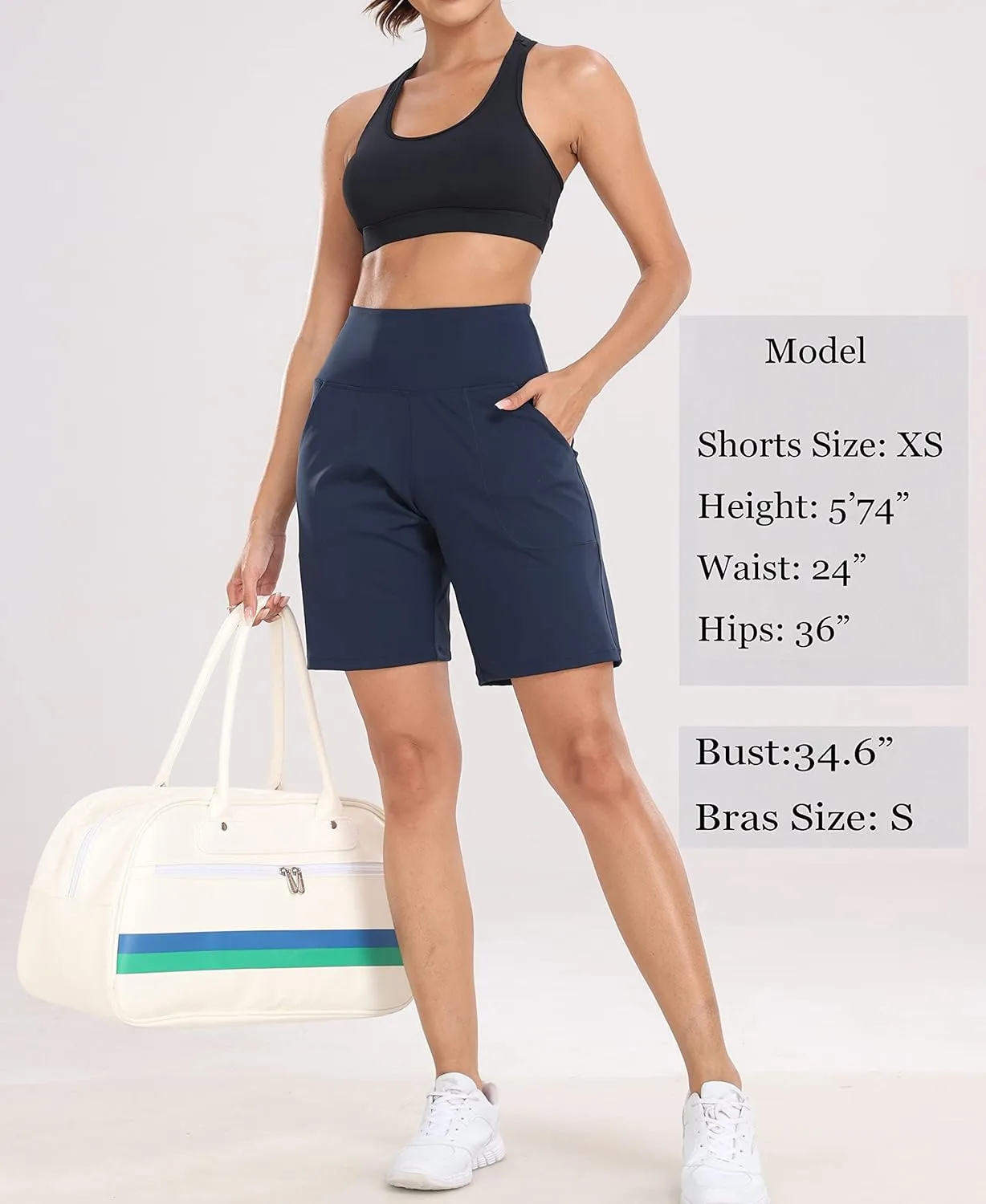 Oalka Women's High Waisted Shorts Yoga Workout Bermuda Long Hiking Shorts with Pockets