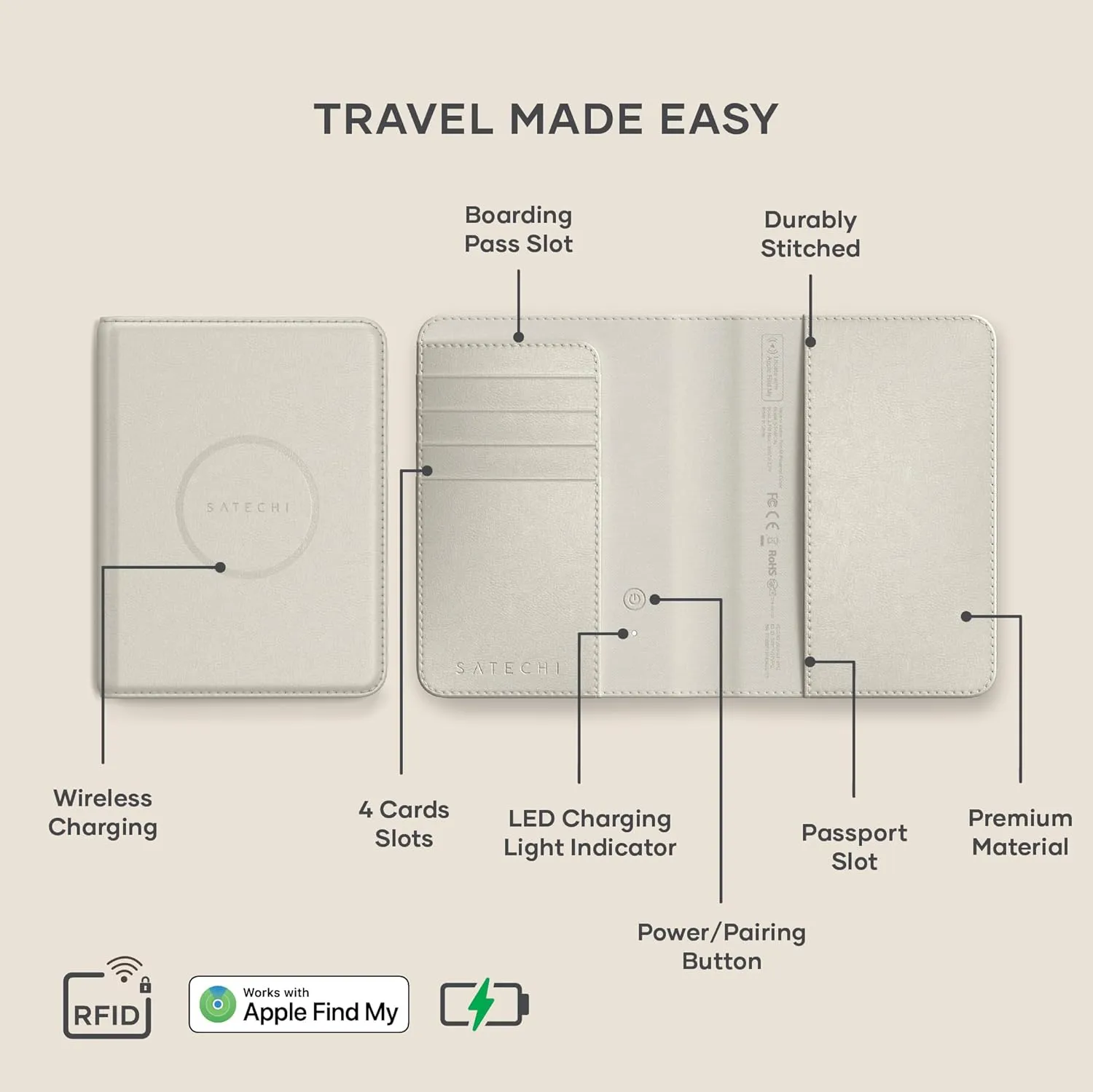 Satechi Passport Holder for Travel with Find My, Passport Cover with 4 Card Holder, Wireless Charging, and RFID Protection ?C Travel Essential Vegan Leather Passport?C Sand