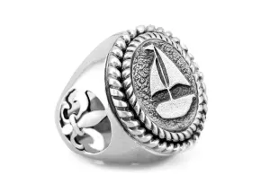 Sea Boat Medallion Ring with the fleur de lis symbol