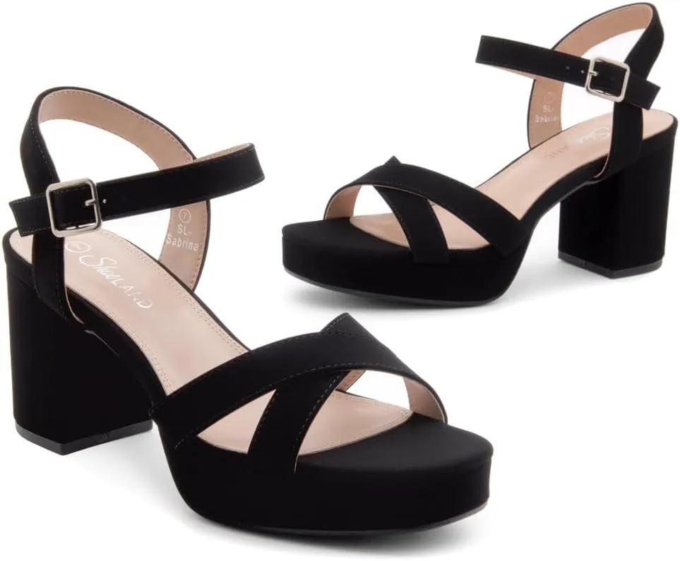 Shoe Land SL-Sabrina Women's Platform Heels, 3-Inch Chunky Block Heeled Sandals, Square Open Toe Ankle Strappy Dressy Heels for Prom, Wedding, Party, and Evening