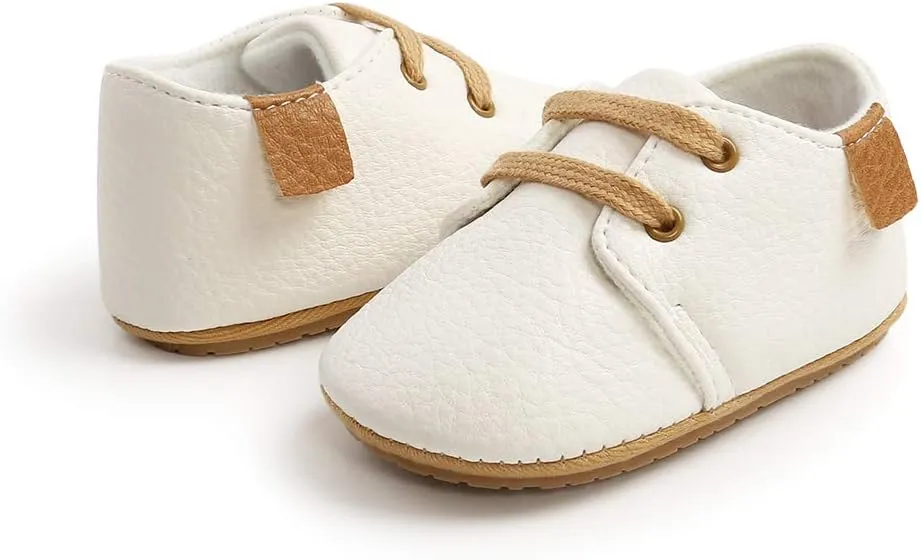 SOFMUO Baby Boys Girls Lace Up Leather Sneakers Soft Rubber Sole Infant Moccasins Newborn Oxford Loafers Anti-Slip Toddler Wedding Uniform Dress Shoes