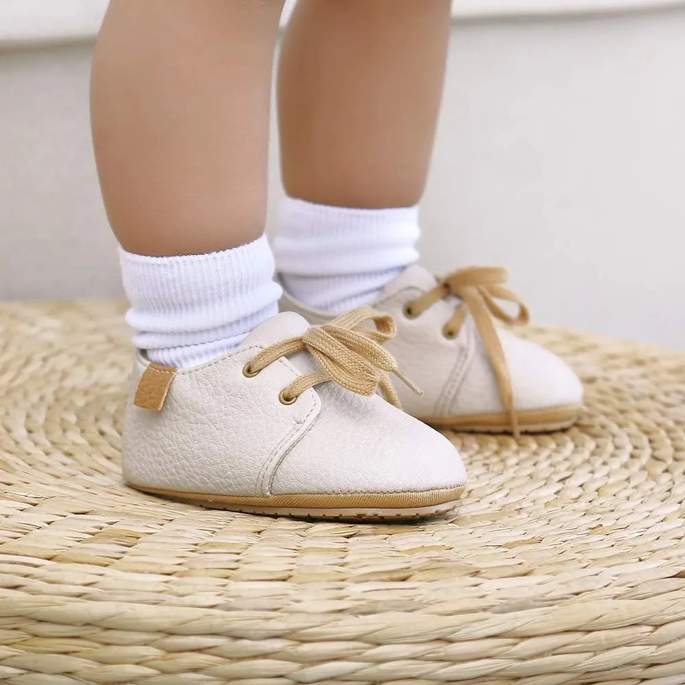 SOFMUO Baby Boys Girls Lace Up Leather Sneakers Soft Rubber Sole Infant Moccasins Newborn Oxford Loafers Anti-Slip Toddler Wedding Uniform Dress Shoes