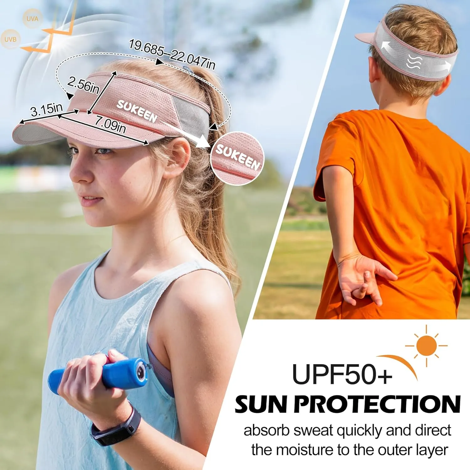Sukeen Kids Sun Visor Hats for Girls Boys,Lightweight Sports Hat UPF50  Sun Hat Cooling Headwear Visor for Running Outdoors