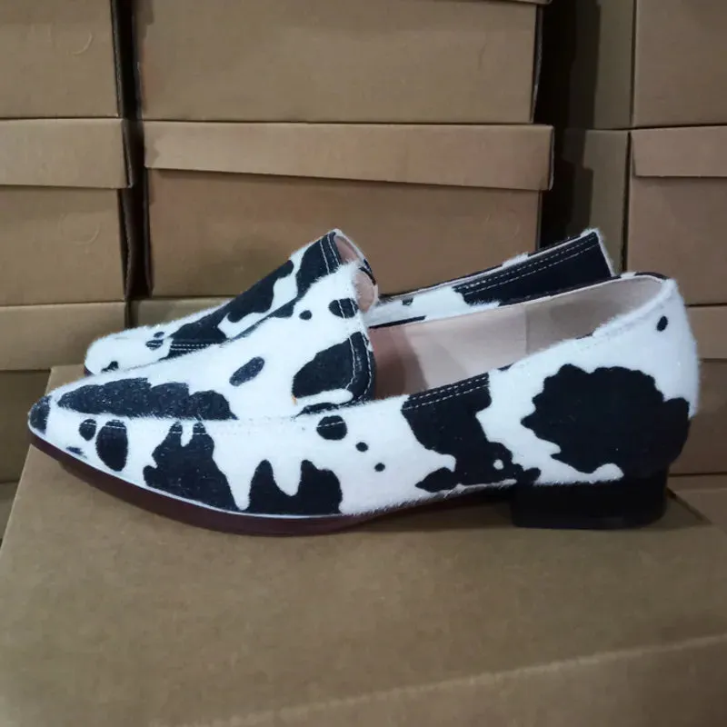 TAVIMART  -  Cow Pattern Pointed Toe Casual Flat Loafers Women Boat Shoes Shallow Single Shoes