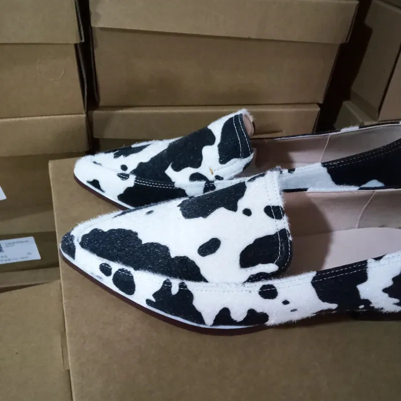 TAVIMART  -  Cow Pattern Pointed Toe Casual Flat Loafers Women Boat Shoes Shallow Single Shoes