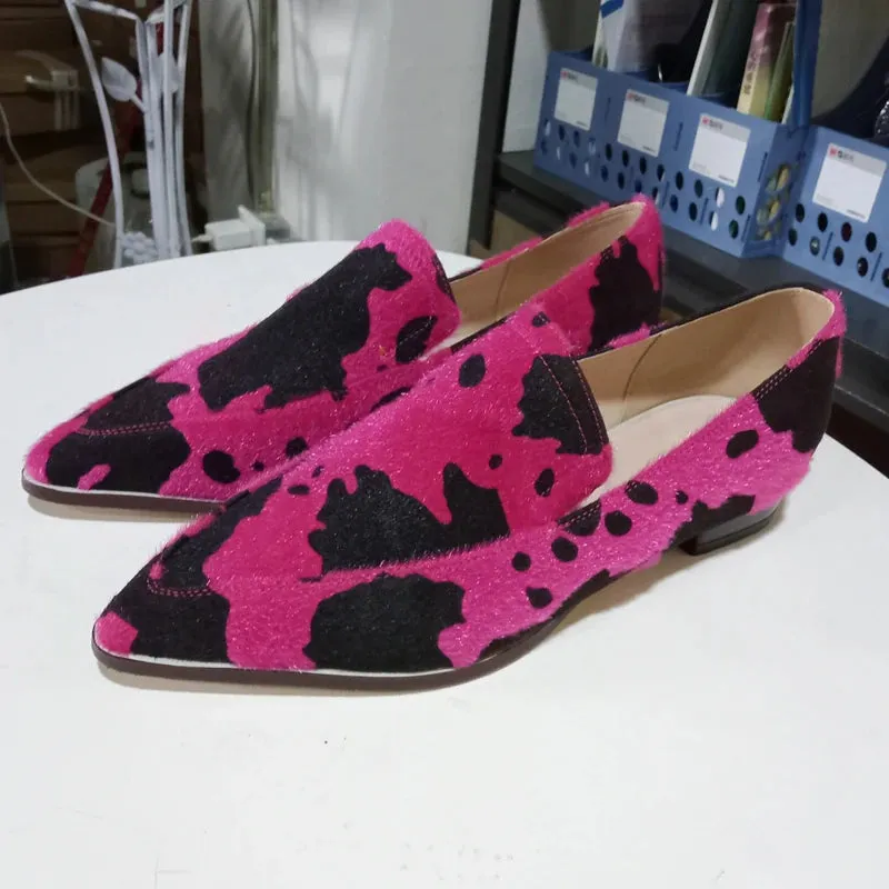 TAVIMART  -  Cow Pattern Pointed Toe Casual Flat Loafers Women Boat Shoes Shallow Single Shoes