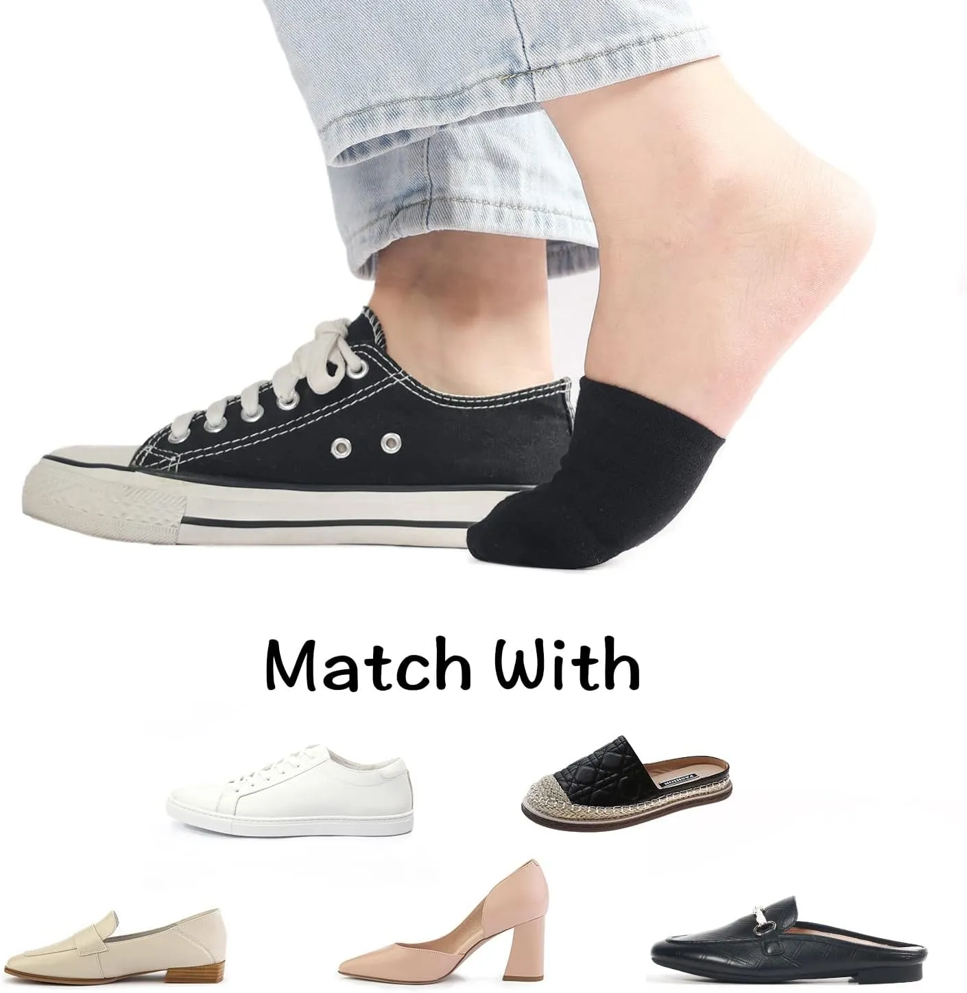 Toe Toppers No Show Liner Half Socks for Women Seamless Grip Non Slip Hidden Toe Covers for Mules 4/8 Pairs