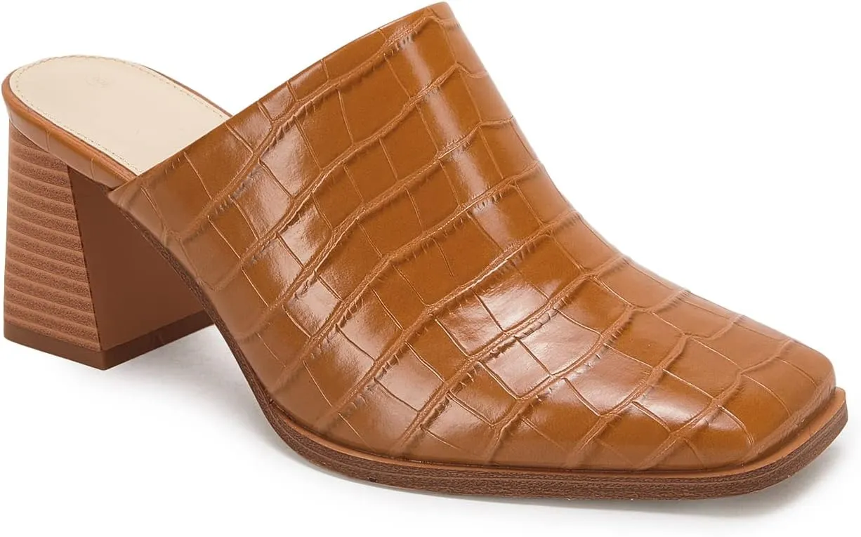 Trish Lucia Womens Chunky Stacked Heel Mules Closed Square Toe Heeled Slip on Clogs Casual Backless Loafers Shoes