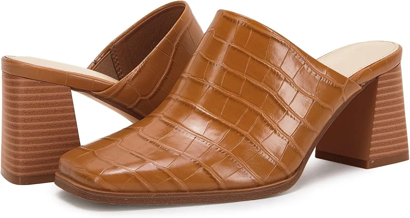Trish Lucia Womens Chunky Stacked Heel Mules Closed Square Toe Heeled Slip on Clogs Casual Backless Loafers Shoes