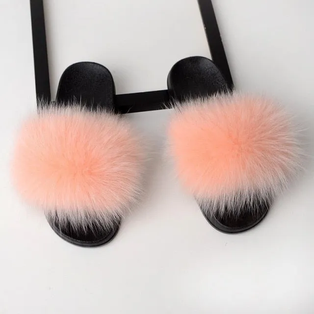 Yeknu Fur Slippers Women Real Fox Fur Slides Home Furry Flat Sandals Female Cute Fluffy House Shoes Woman Brand Luxury