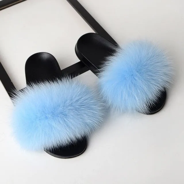 Yeknu Fur Slippers Women Real Fox Fur Slides Home Furry Flat Sandals Female Cute Fluffy House Shoes Woman Brand Luxury
