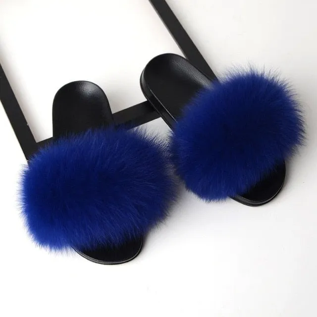 Yeknu Fur Slippers Women Real Fox Fur Slides Home Furry Flat Sandals Female Cute Fluffy House Shoes Woman Brand Luxury