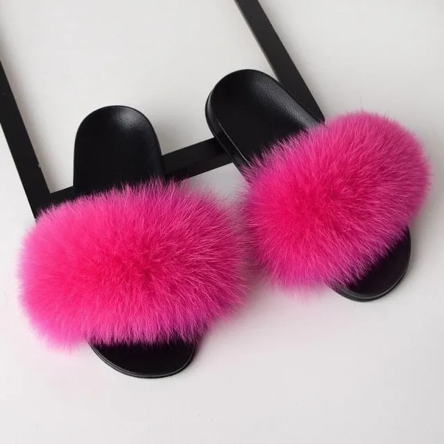 Yeknu Fur Slippers Women Real Fox Fur Slides Home Furry Flat Sandals Female Cute Fluffy House Shoes Woman Brand Luxury