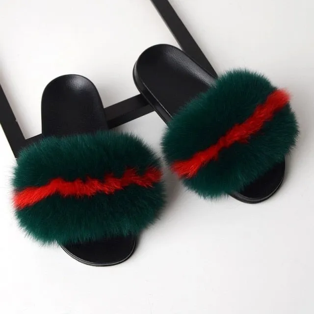 Yeknu Fur Slippers Women Real Fox Fur Slides Home Furry Flat Sandals Female Cute Fluffy House Shoes Woman Brand Luxury
