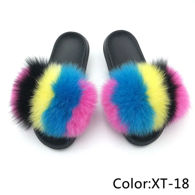 Yeknu Fur Slippers Women Real Fox Fur Slides Home Furry Flat Sandals Female Cute Fluffy House Shoes Woman Brand Luxury
