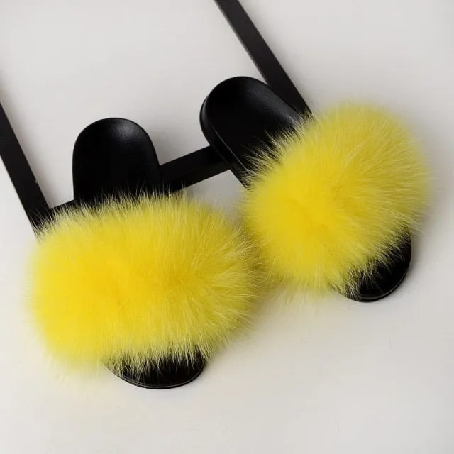 Yeknu Fur Slippers Women Real Fox Fur Slides Home Furry Flat Sandals Female Cute Fluffy House Shoes Woman Brand Luxury