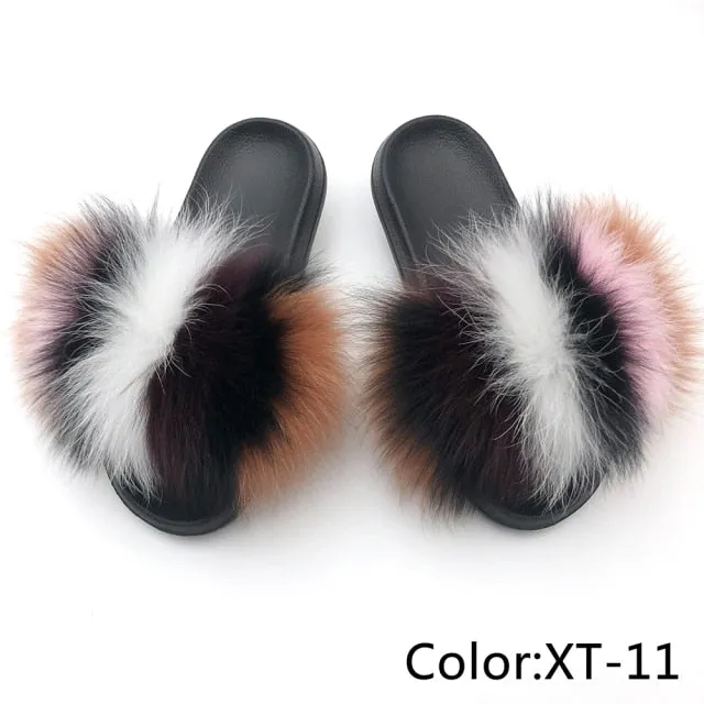 Yeknu Fur Slippers Women Real Fox Fur Slides Home Furry Flat Sandals Female Cute Fluffy House Shoes Woman Brand Luxury