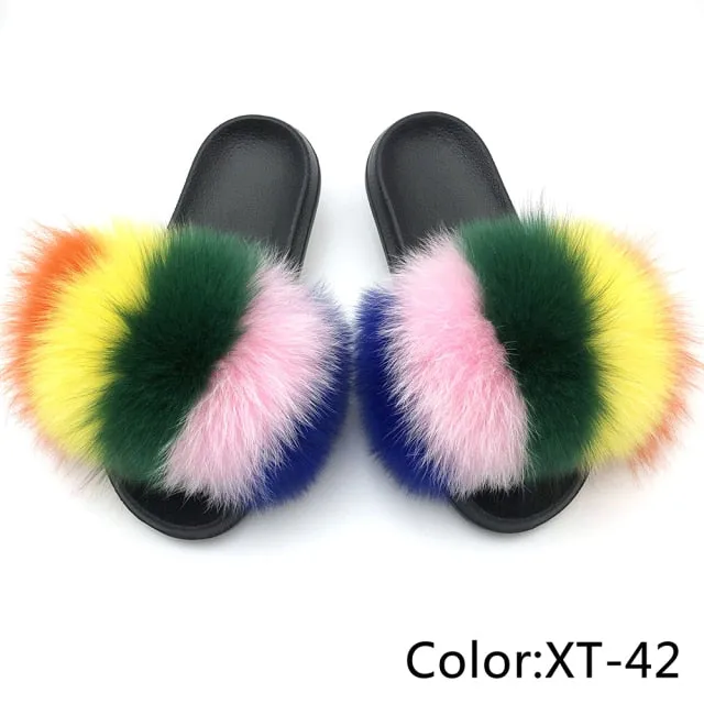Yeknu Fur Slippers Women Real Fox Fur Slides Home Furry Flat Sandals Female Cute Fluffy House Shoes Woman Brand Luxury