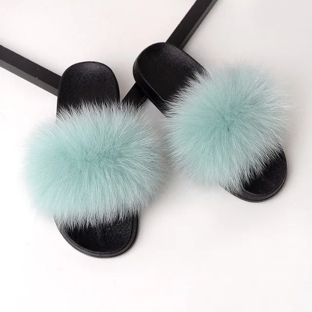 Yeknu Fur Slippers Women Real Fox Fur Slides Home Furry Flat Sandals Female Cute Fluffy House Shoes Woman Brand Luxury