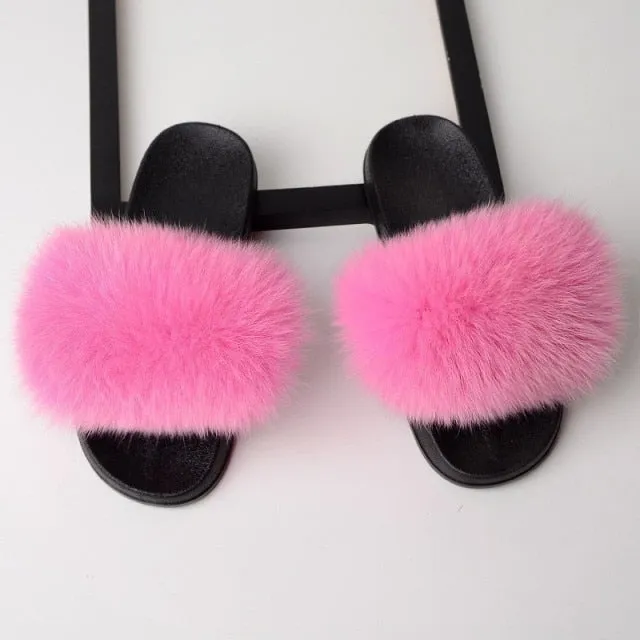 Yeknu Fur Slippers Women Real Fox Fur Slides Home Furry Flat Sandals Female Cute Fluffy House Shoes Woman Brand Luxury