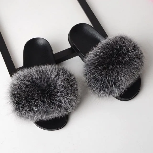 Yeknu Fur Slippers Women Real Fox Fur Slides Home Furry Flat Sandals Female Cute Fluffy House Shoes Woman Brand Luxury