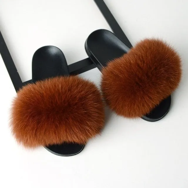 Yeknu Fur Slippers Women Real Fox Fur Slides Home Furry Flat Sandals Female Cute Fluffy House Shoes Woman Brand Luxury