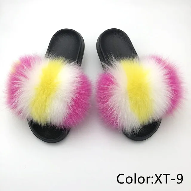 Yeknu Fur Slippers Women Real Fox Fur Slides Home Furry Flat Sandals Female Cute Fluffy House Shoes Woman Brand Luxury