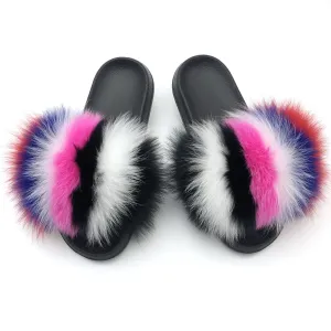 Yeknu Fur Slippers Women Real Fox Fur Slides Home Furry Flat Sandals Female Cute Fluffy House Shoes Woman Brand Luxury