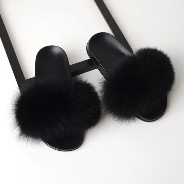 Yeknu Fur Slippers Women Real Fox Fur Slides Home Furry Flat Sandals Female Cute Fluffy House Shoes Woman Brand Luxury