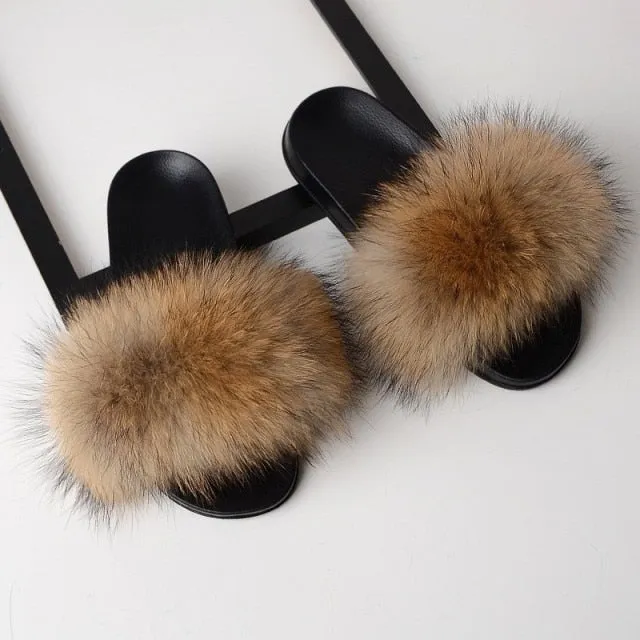 Yeknu Fur Slippers Women Real Fox Fur Slides Home Furry Flat Sandals Female Cute Fluffy House Shoes Woman Brand Luxury